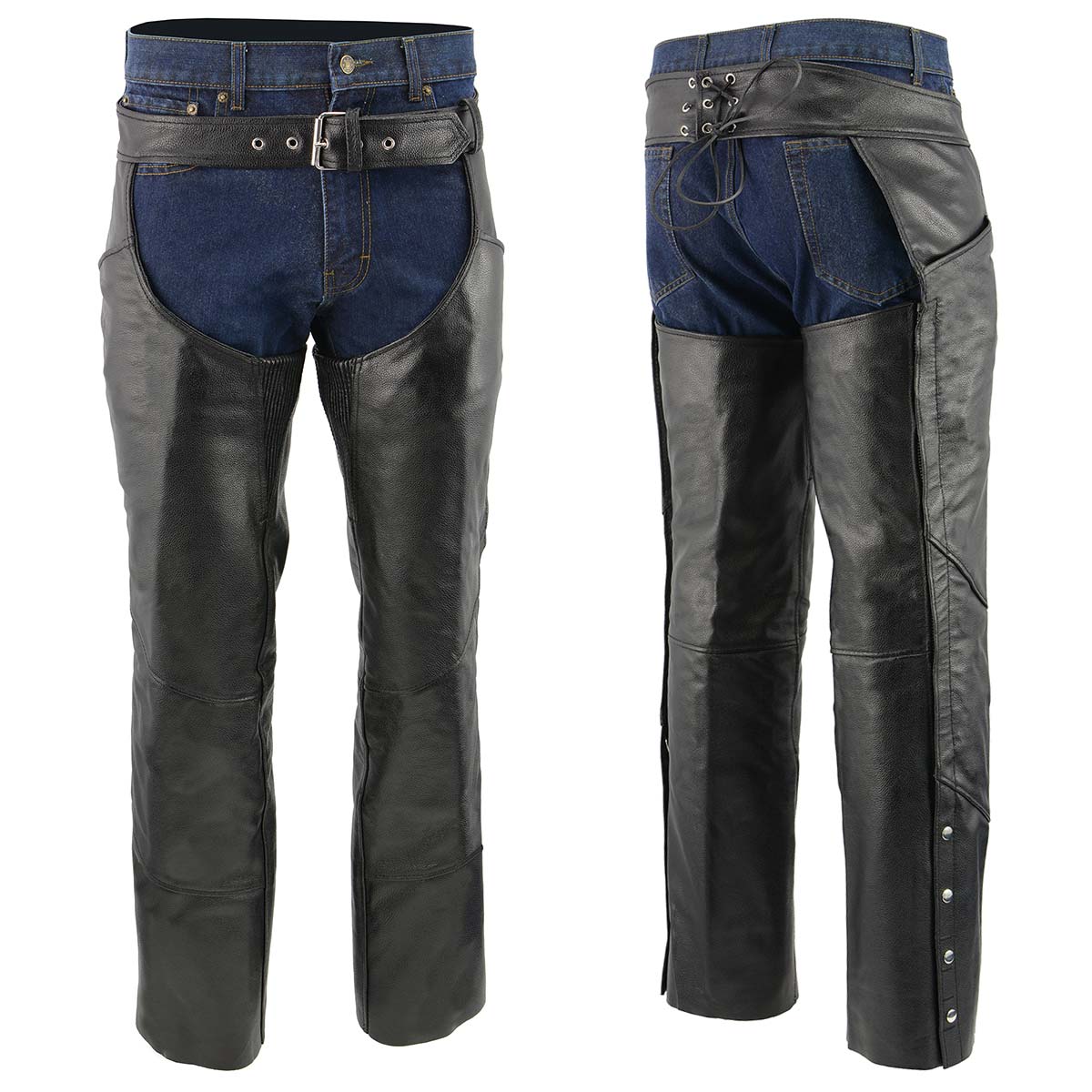 Men's XS432 Classic Black Thermal Lined Leather Motorcycle Chaps with Jean Style Pockets - Image 5