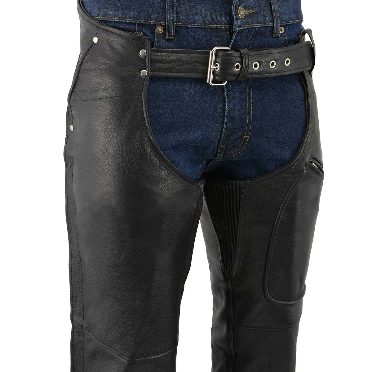 Men's XS43401 Black Thermal Lined 3 Pocket Leather Motorcycle Chaps - Image 2