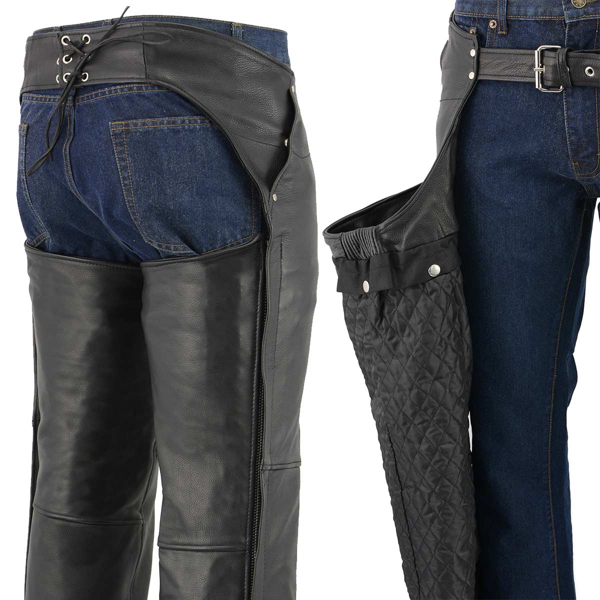 Men's XS43401 Black Thermal Lined 3 Pocket Leather Motorcycle Chaps - Image 4