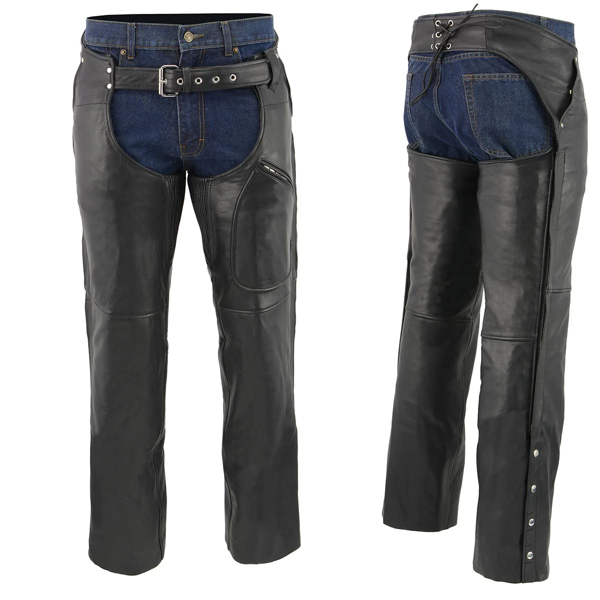 Men's XS43401 Black Thermal Lined 3 Pocket Leather Motorcycle Chaps - Image 5