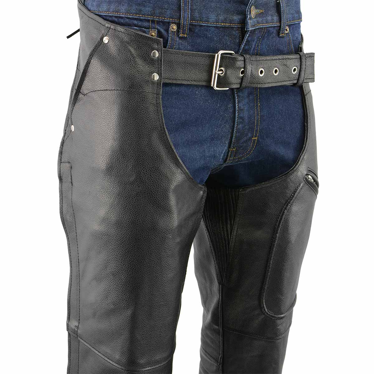 Men's XS43404 3-Pocket Black Thermal Lined Leather Motorcycle Chaps - Image 2