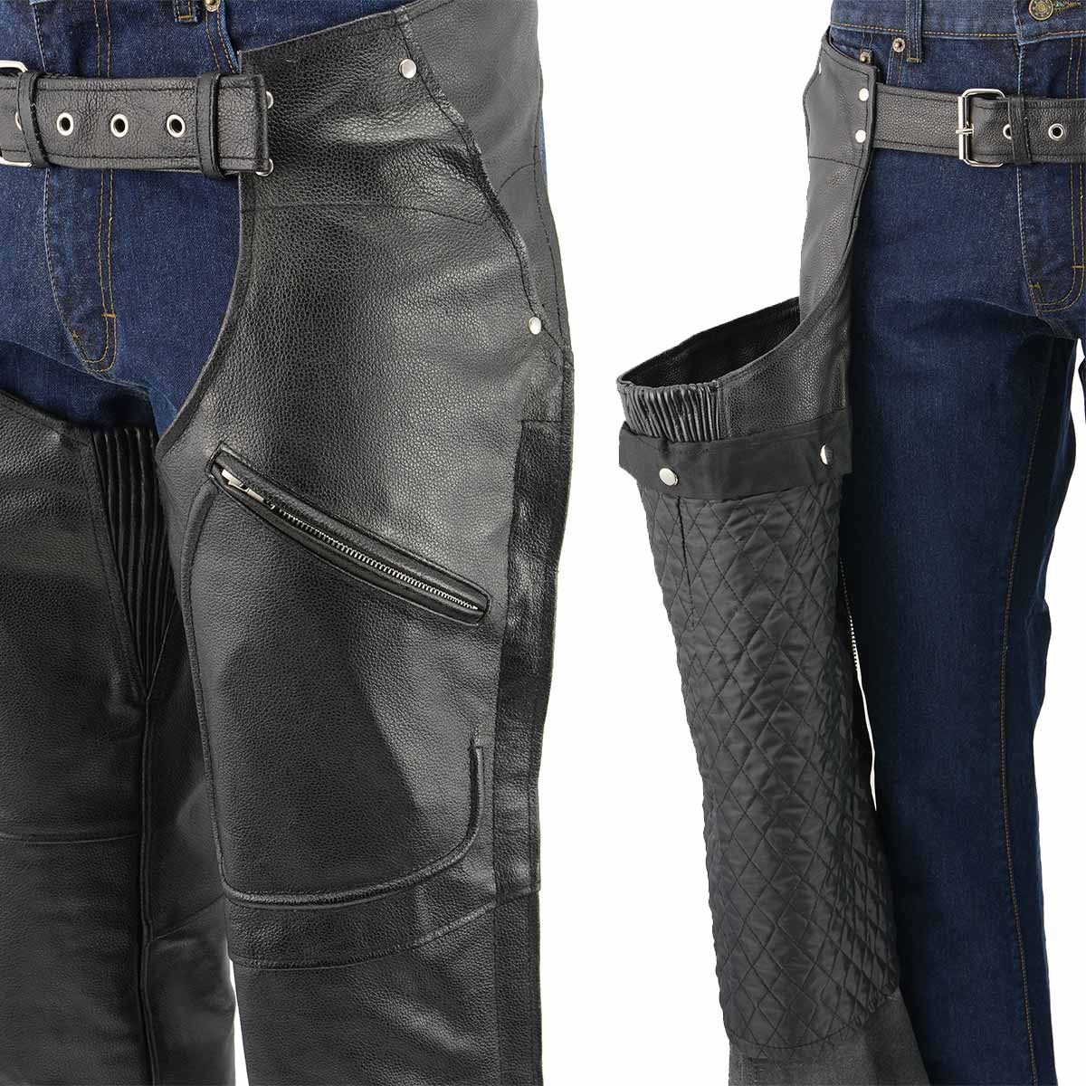 Men's XS43404 3-Pocket Black Thermal Lined Leather Motorcycle Chaps - Image 4