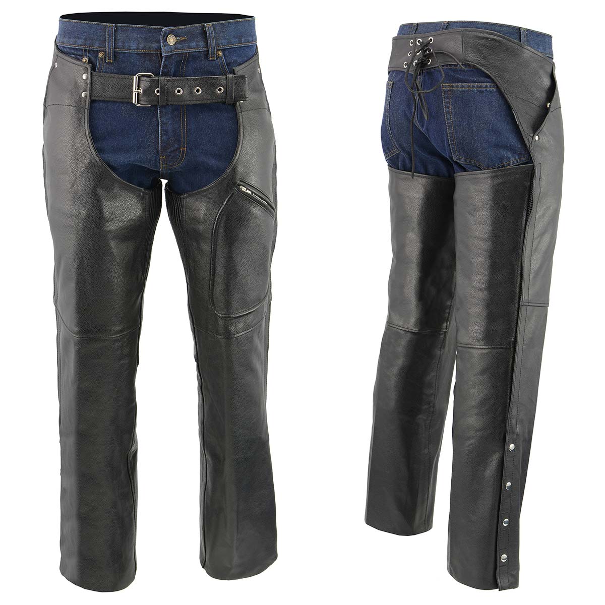 Men's XS43404 3-Pocket Black Thermal Lined Leather Motorcycle Chaps - Image 5