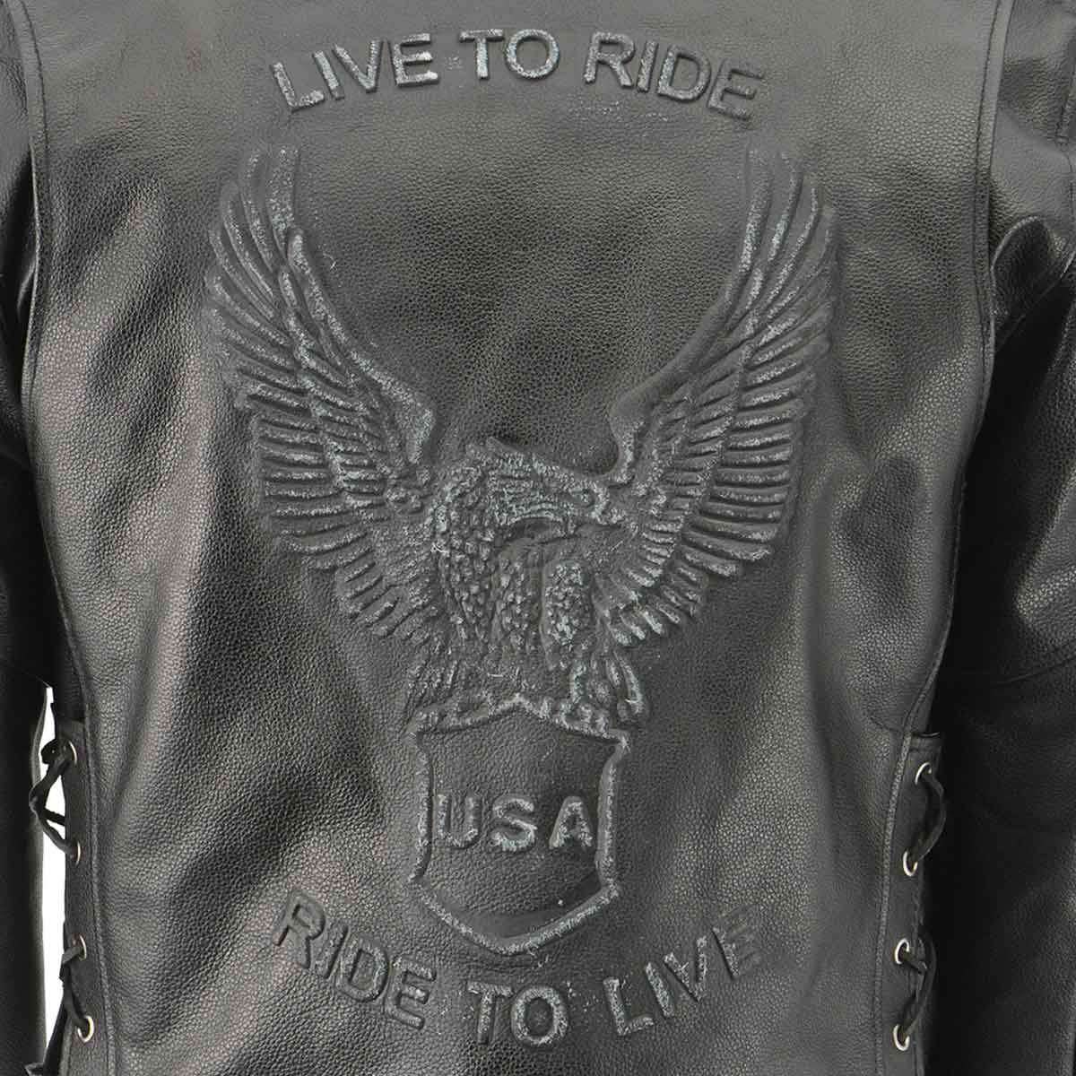 Men's XS703 Black Embossed 'Live to Ride, Ride to Live' Classic Motorcycle Jacket - Image 4
