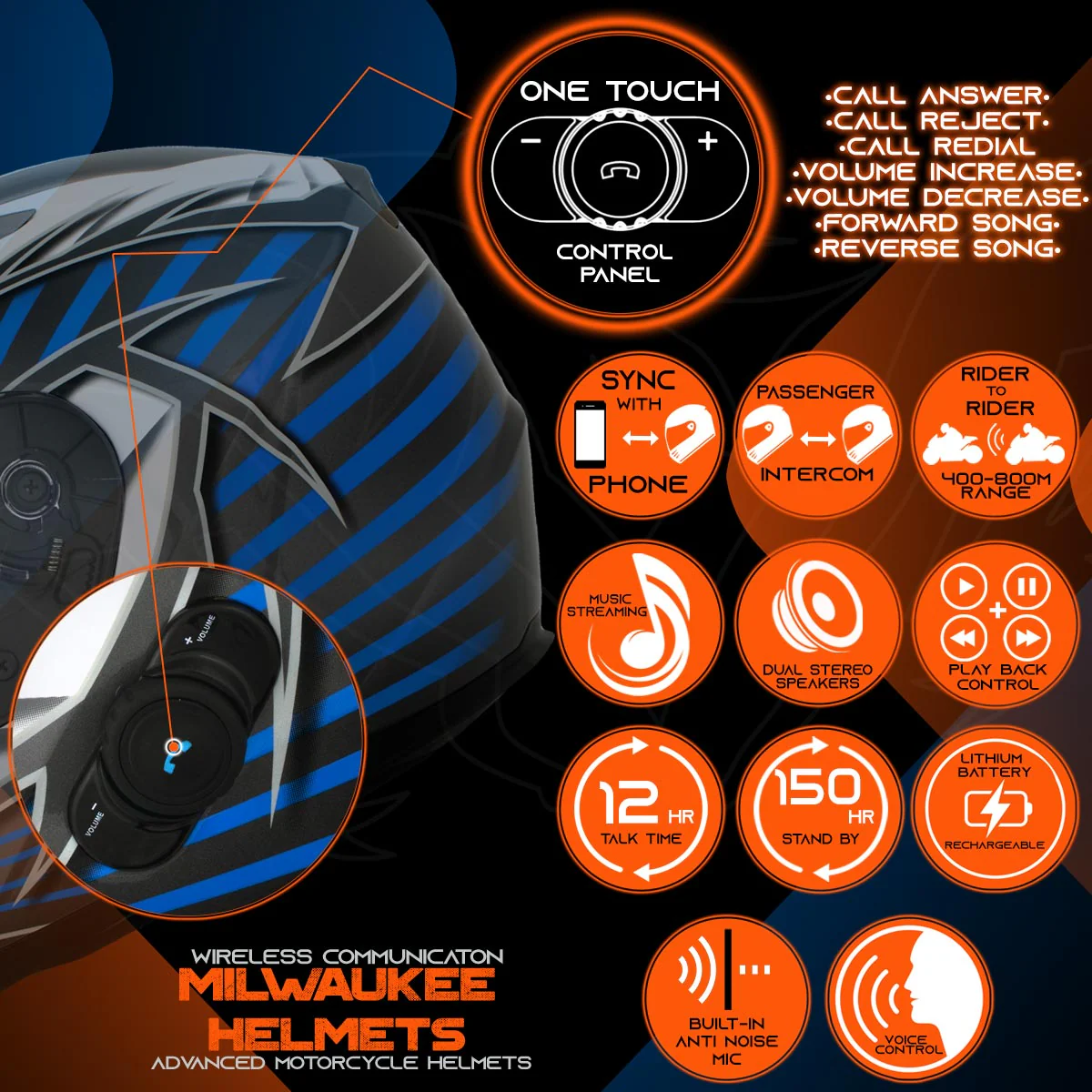 Milwaukee Helmets H512 Titanium and Blue Chit-Chat Full Face Wireless Motorcycle Helmet-Stream Music-Phone Calls - Image 4