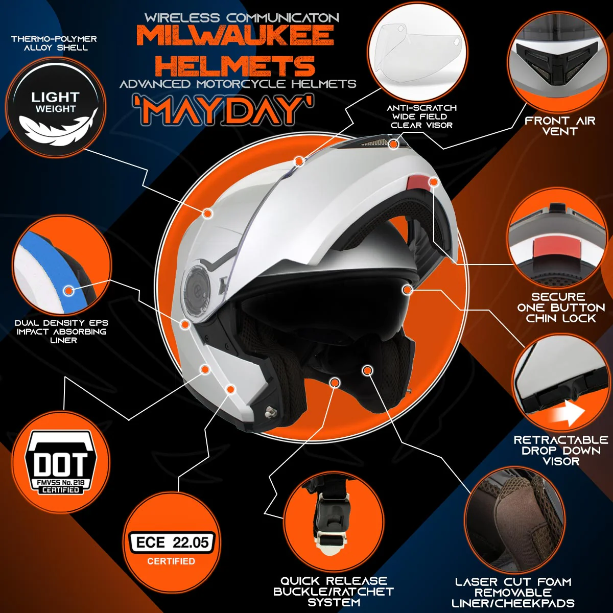 Milwaukee Helmets H7010 Flat Gray Mayday Modular Full Face Wireless Motorcycle Helmet-Stream Music-Phone Calls - Image 2