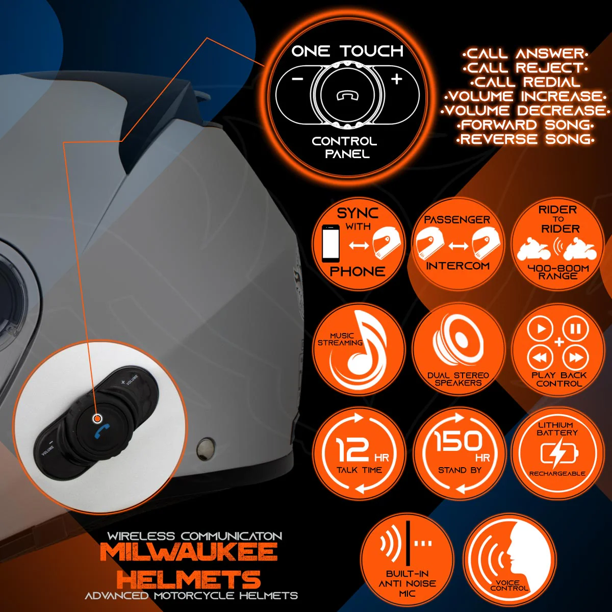 Milwaukee Helmets H7010 Flat Gray Mayday Modular Full Face Wireless Motorcycle Helmet-Stream Music-Phone Calls - Image 4