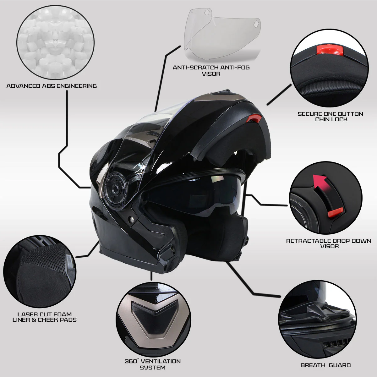 Milwaukee Helmets MPH9806DOT Ionized Gloss Black Advanced Motorcycle Modular Helmet Biker w/ Drop Down Visor - Image 2