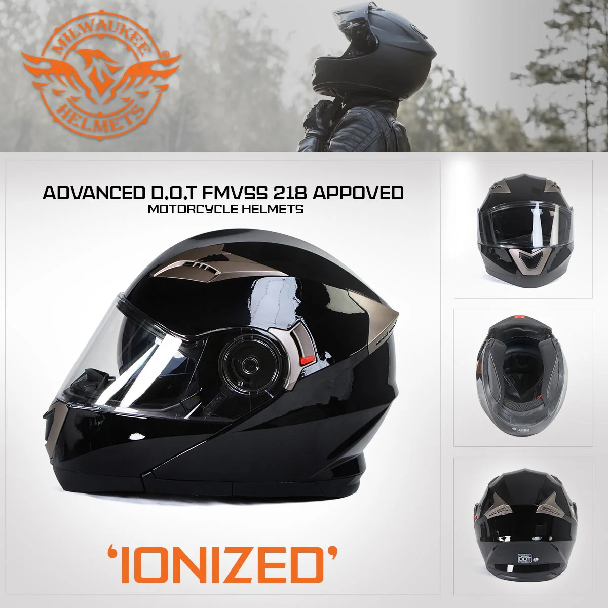Milwaukee Helmets MPH9806DOT Ionized Gloss Black Advanced Motorcycle Modular Helmet Biker w/ Drop Down Visor - Image 7