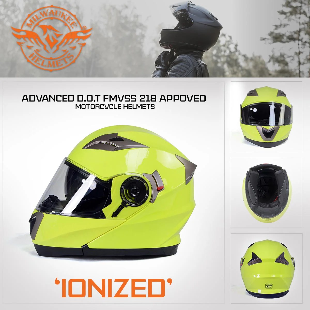 Milwaukee Helmets MPH9809DOT 'Ionized' Neon Yellow Modular Helmet for Men and Women Biker w/ MP7922FMSET Heated Balaclava Bundle - Image 7