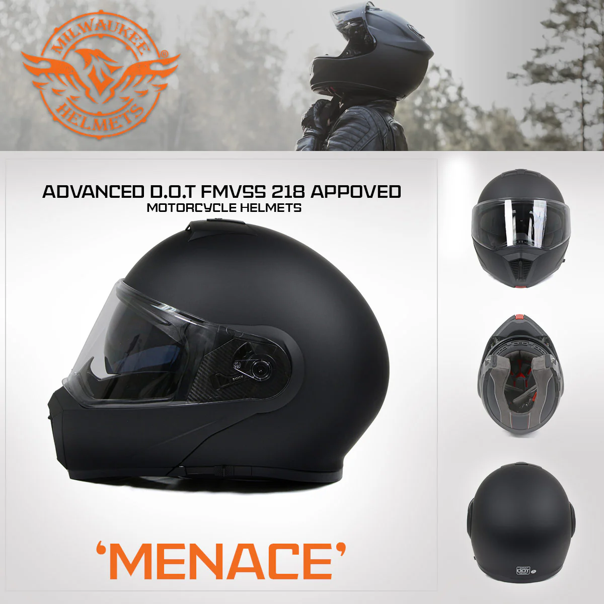 Milwaukee Helmets MPH9812DOT Flat Black Menace Advanced Motorcycle Modular Helmet Biker w/ Drop Down Visor - Image 7