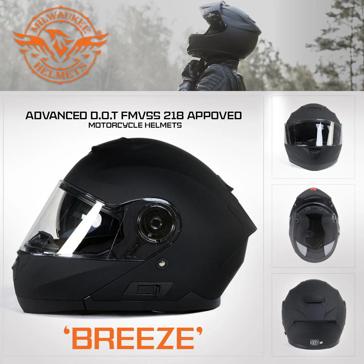 Milwaukee Helmets Breeze Flat Black Advanced Motorcycle Modular Helmet w/ Drop Down Visor DOT Approved MPH9814DOT - Image 7