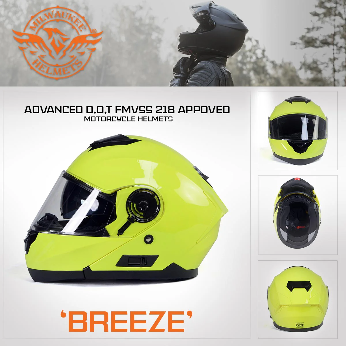 Milwaukee Helmets MPH9819DOT Breeze Green Advanced Motorcycle Modular Helmet Biker w/ Drop Down Visor - Image 7