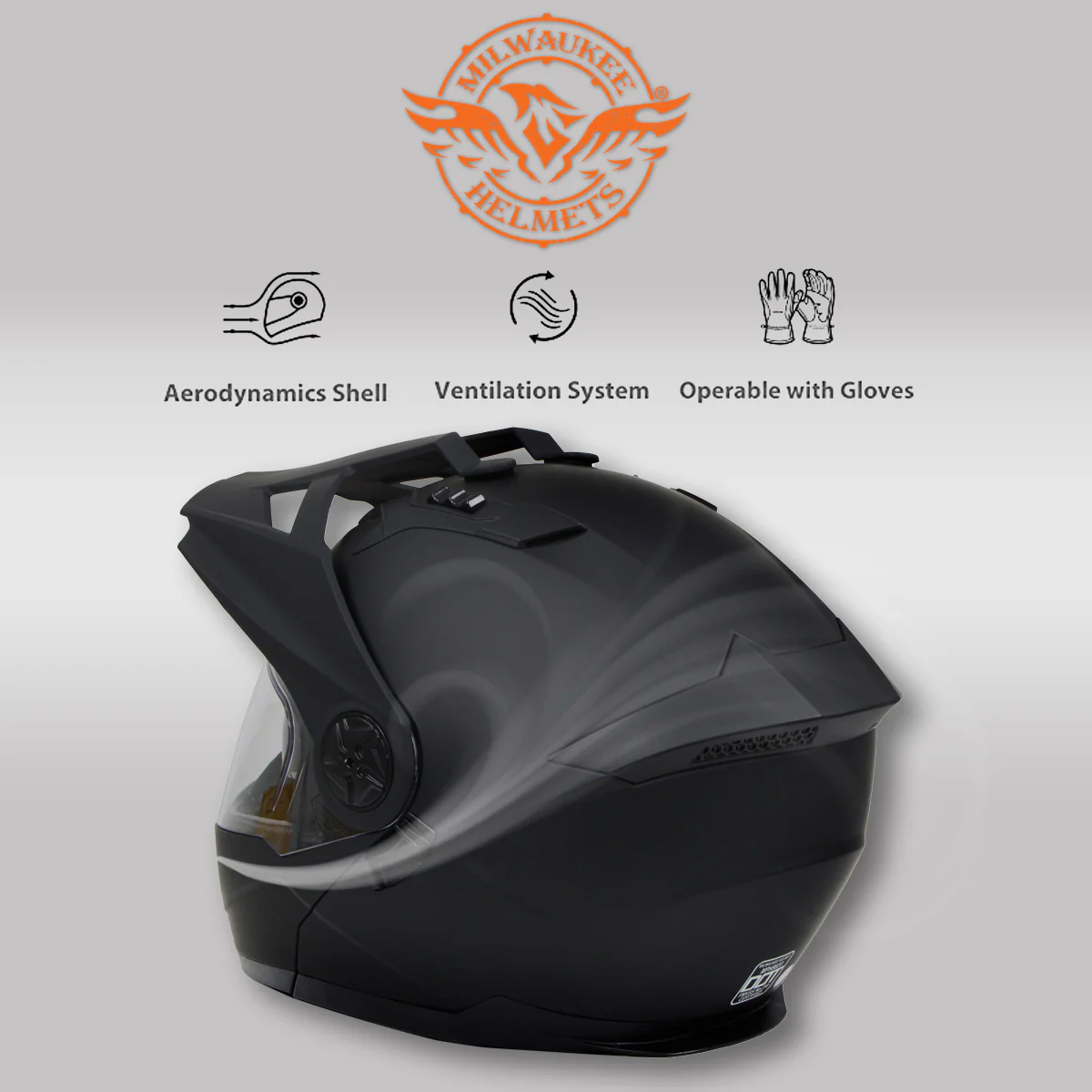 Milwaukee Helmets MPH9820DOT Flat Black Ominous Dual Sport Advanced Motorcycle Modular Helmet Biker - Image 6