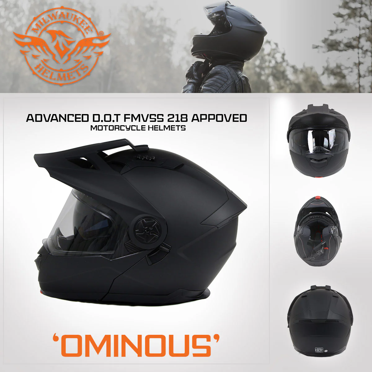 Milwaukee Helmets MPH9820DOT Flat Black Ominous Dual Sport Advanced Motorcycle Modular Helmet Biker - Image 7