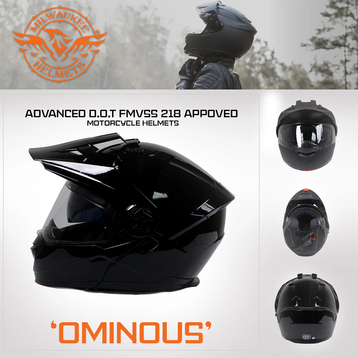 Milwaukee Helmets Gloss Black Ominous Dual Sport Advanced Motorcycle Modular Helmet DOT Approved MPH9821DOT - Image 7