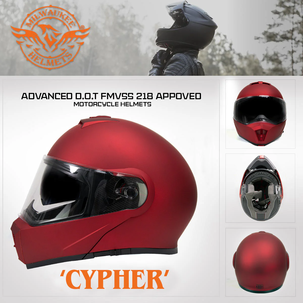 Milwaukee Helmets MPH9827DOT Cypher Flat Red Advanced Motorcycle Modular Helmet w/ Drop Down Visor - Image 7