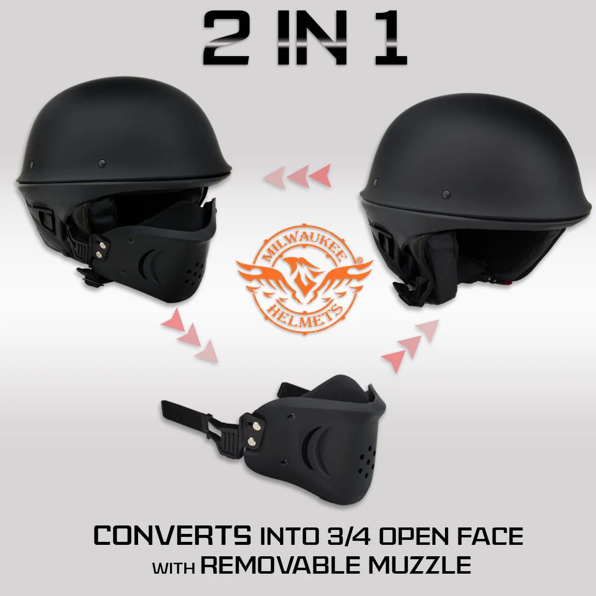 Milwaukee Helmets MPH9831DOT Rascal 3/4 Open Face Gloss Black 2 in 1 Motorcycle Helmet Biker - Image 2