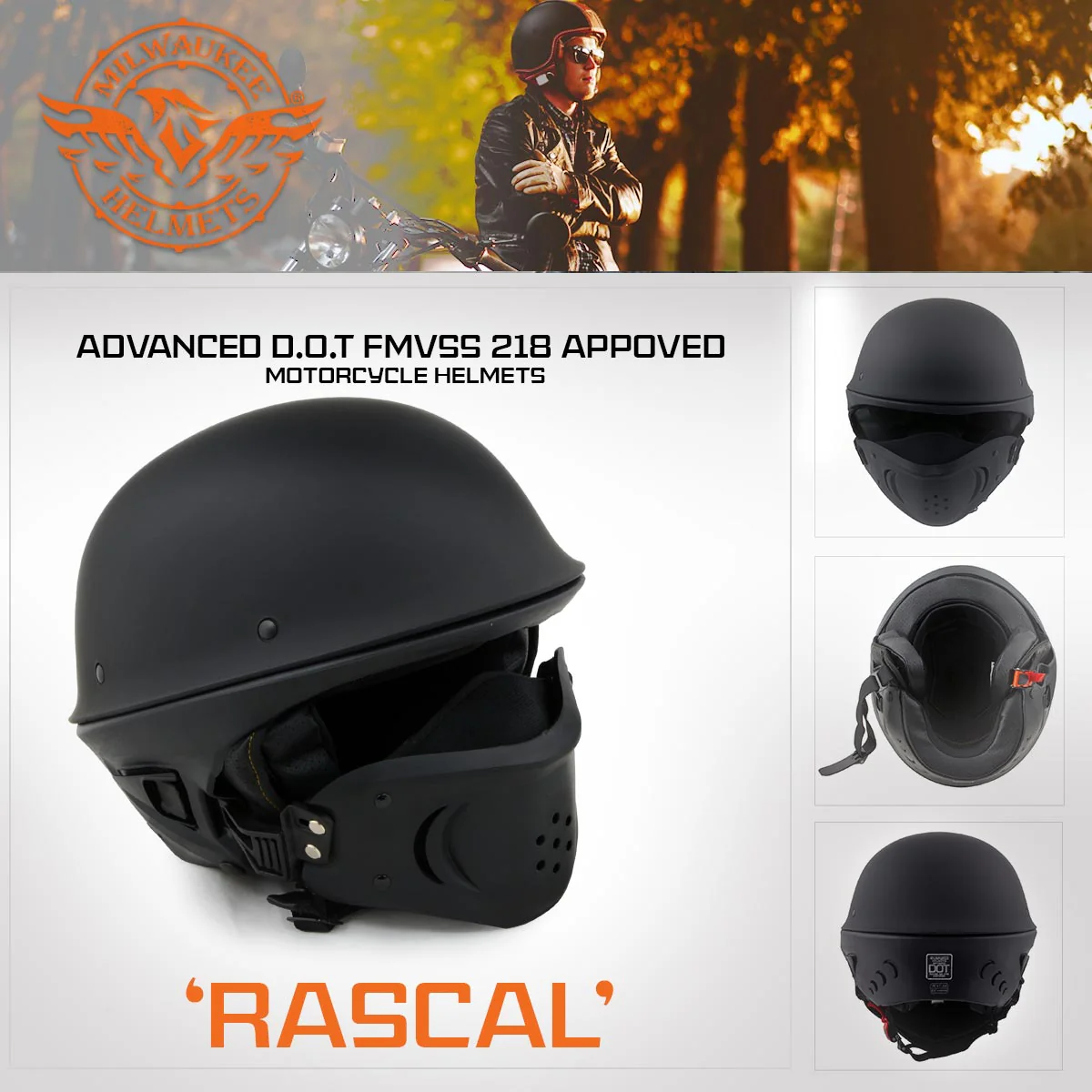 Milwaukee Helmets MPH9831DOT Rascal 3/4 Open Face Gloss Black 2 in 1 Motorcycle Helmet Biker - Image 4