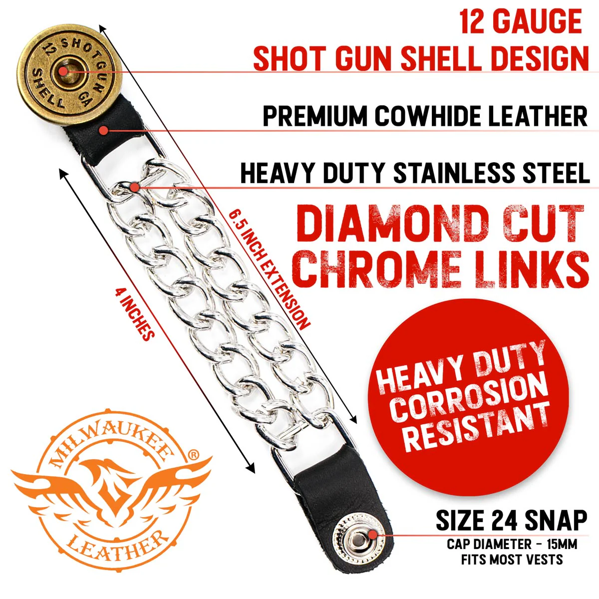 Milwaukee Leather 12 Gauge Shell Medallion Vest Extender - Double Chrome Chains Genuine Leather 6.5" Extension 4-PCS MLA6025SET - Image 2