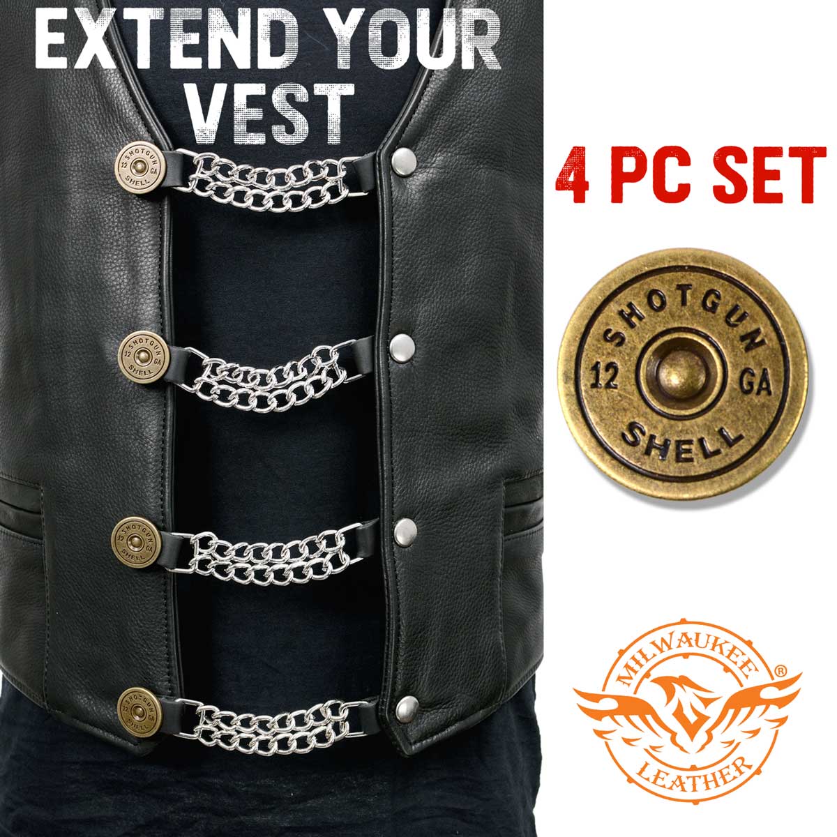 Milwaukee Leather 12 Gauge Shell Medallion Vest Extender - Double Chrome Chains Genuine Leather 6.5" Extension 4-PCS MLA6025SET - Image 3