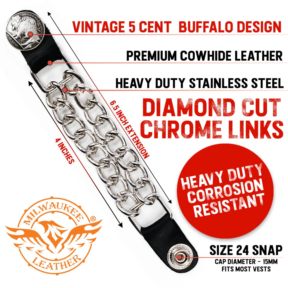 Milwaukee Leather 5 Cent Buffalo Medallion Vest Extender - Double Chrome Chains Genuine Leather 6.5" Extension 4-PCS MLA6009SET - Image 2