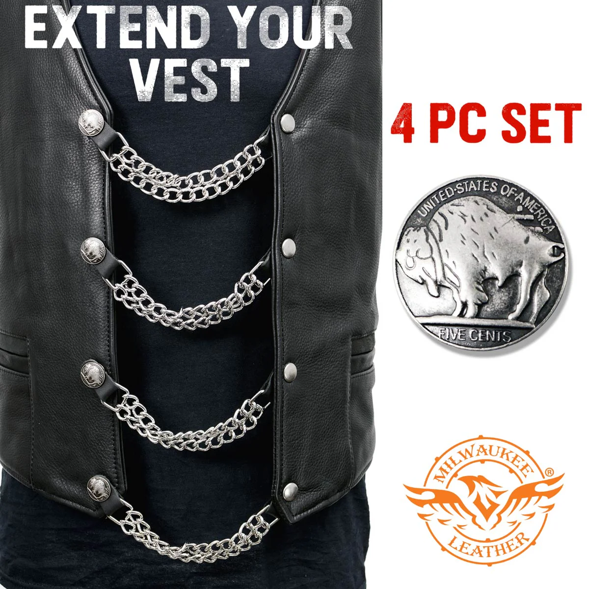 Milwaukee Leather 5 Cent Buffalo Medallion Vest Extender - Double Chrome Chains Genuine Leather 8.5" Extension 4-PCS MLA6043SET - Image 3
