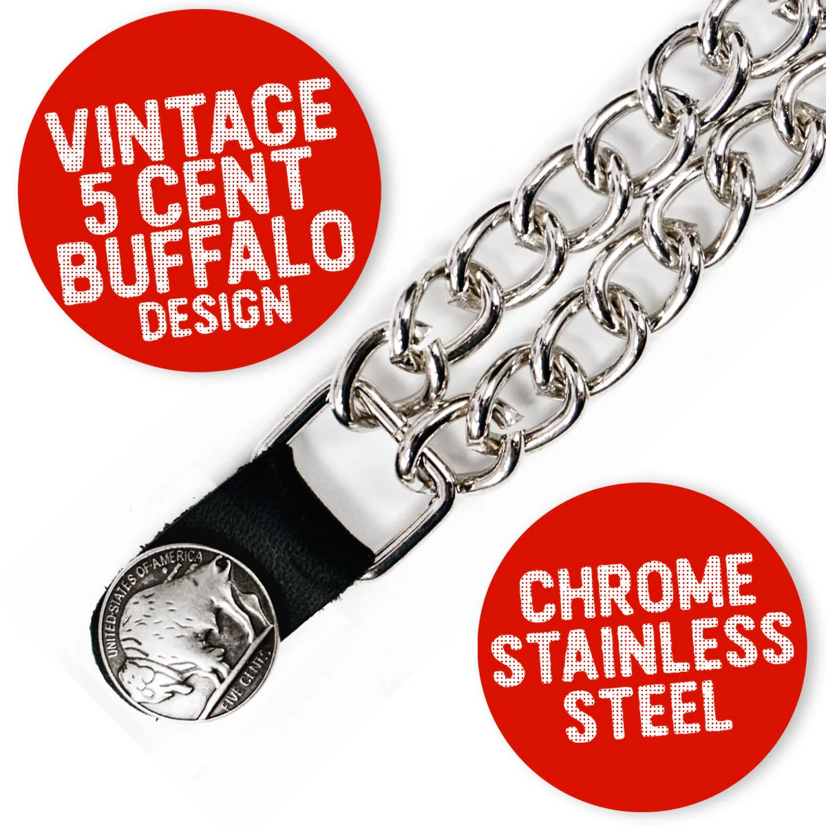 Milwaukee Leather 5 Cent Buffalo Medallion Vest Extender - Double Chrome Chains Genuine Leather 8.5" Extension 4-PCS MLA6043SET - Image 4
