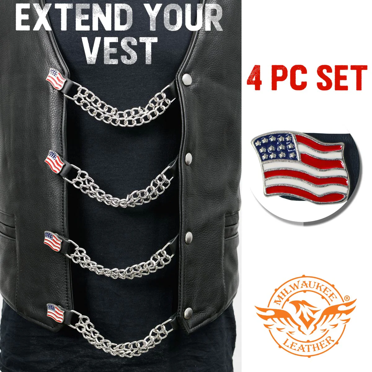 Milwaukee Leather American Flag Medallion Vest Extender - Double Chrome Chains Genuine Leather 8.5" Extension 4-PCS MLA6042SET - Image 3