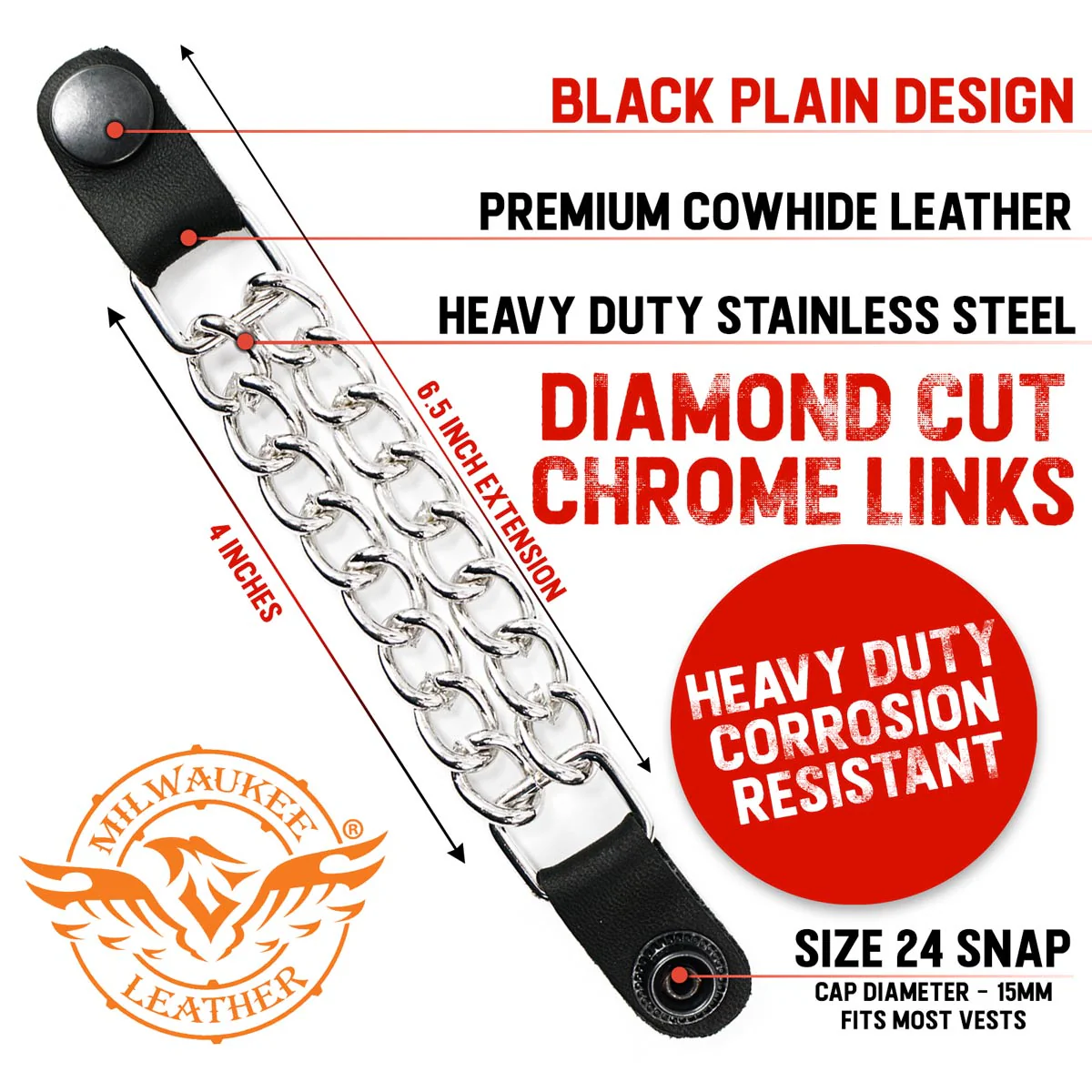 Milwaukee Leather Black Medallion Vest Extender - Double Chrome Chains Genuine Leather 6.5" Extension 4-PCS MLA6016SET - Image 2