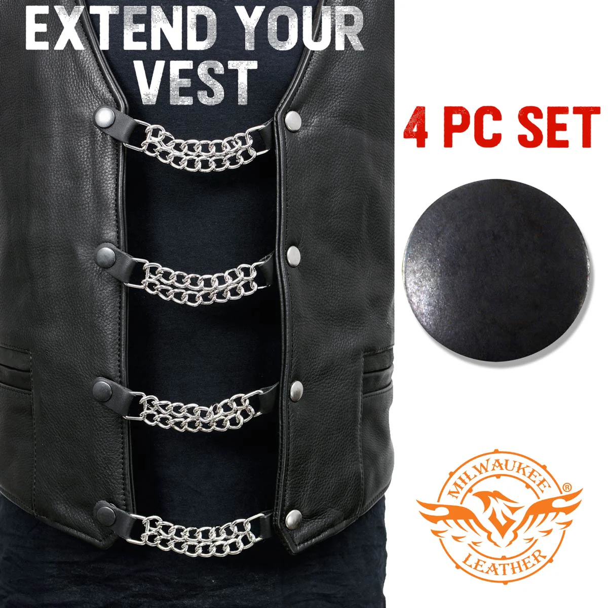Milwaukee Leather Black Medallion Vest Extender - Double Chrome Chains Genuine Leather 6.5" Extension 4-PCS MLA6016SET - Image 3