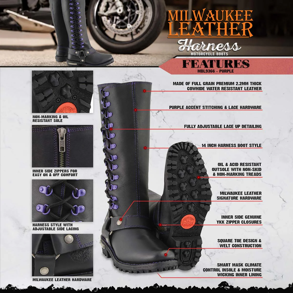 Milwaukee Leather Women's Black 14-inch Leather Harness Motorcycle Boots with Purple Accent Lacing MBL9366 - Image 2