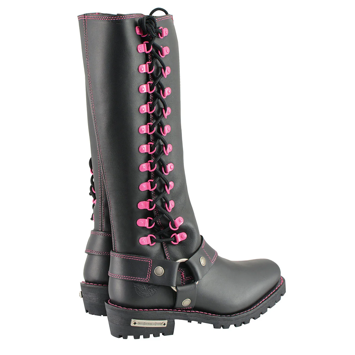 Milwaukee Leather Women's Black 14-inch Leather Harness Motorcycle Boots with Fuchsia Accent Lacing MBL9367 - Image 10