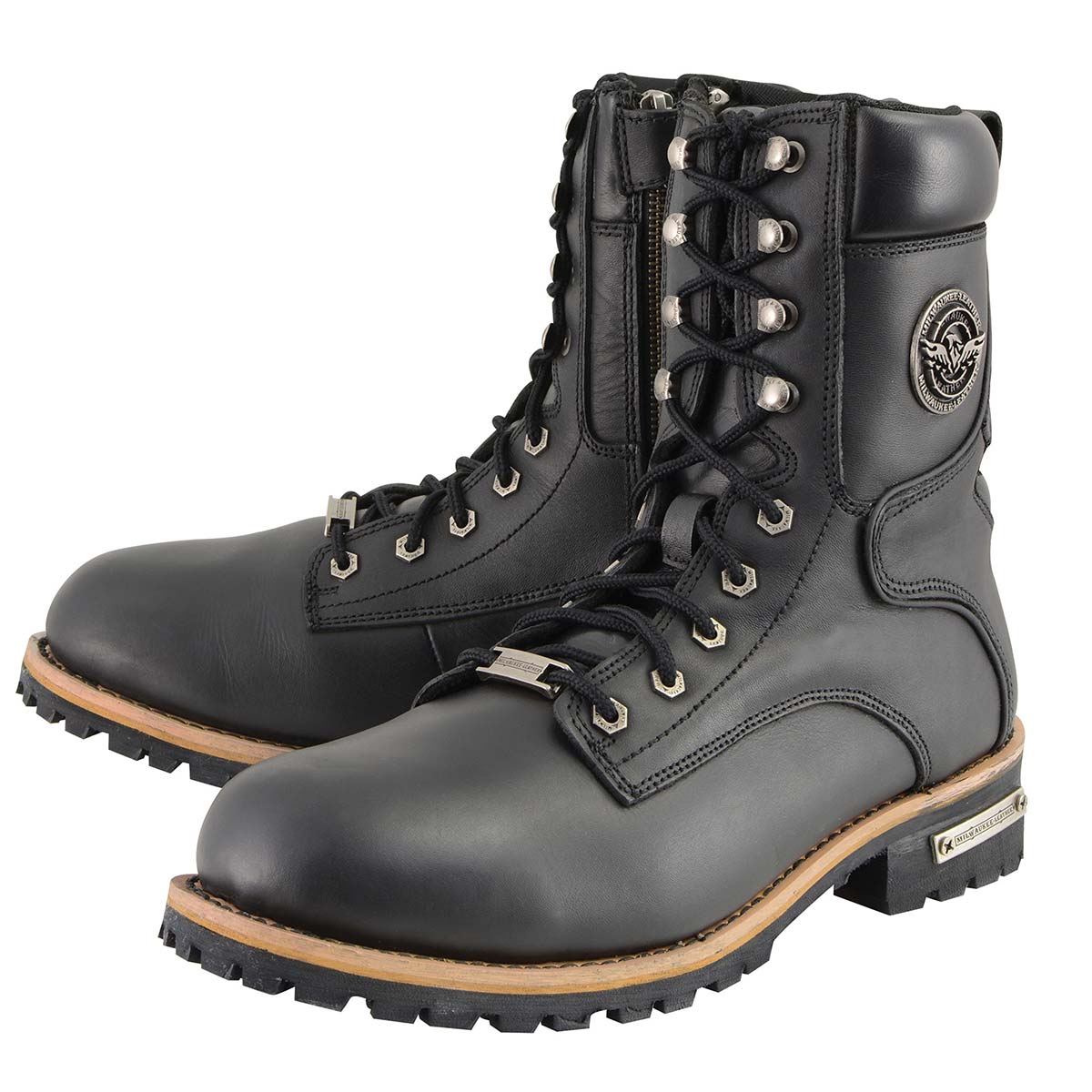 Milwaukee Leather Men's Classic Black Leather Wide Width Lace-Up Logger Boots w/ Side Zipper MBM9095W - Image 7