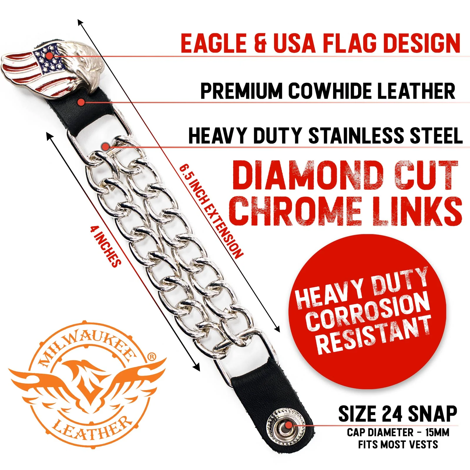 Milwaukee Leather Eagle Flag Medallion Vest Extender Double Chrome Chains Genuine Leather 6.5" Long 4-PC MLA6005SET - Image 2