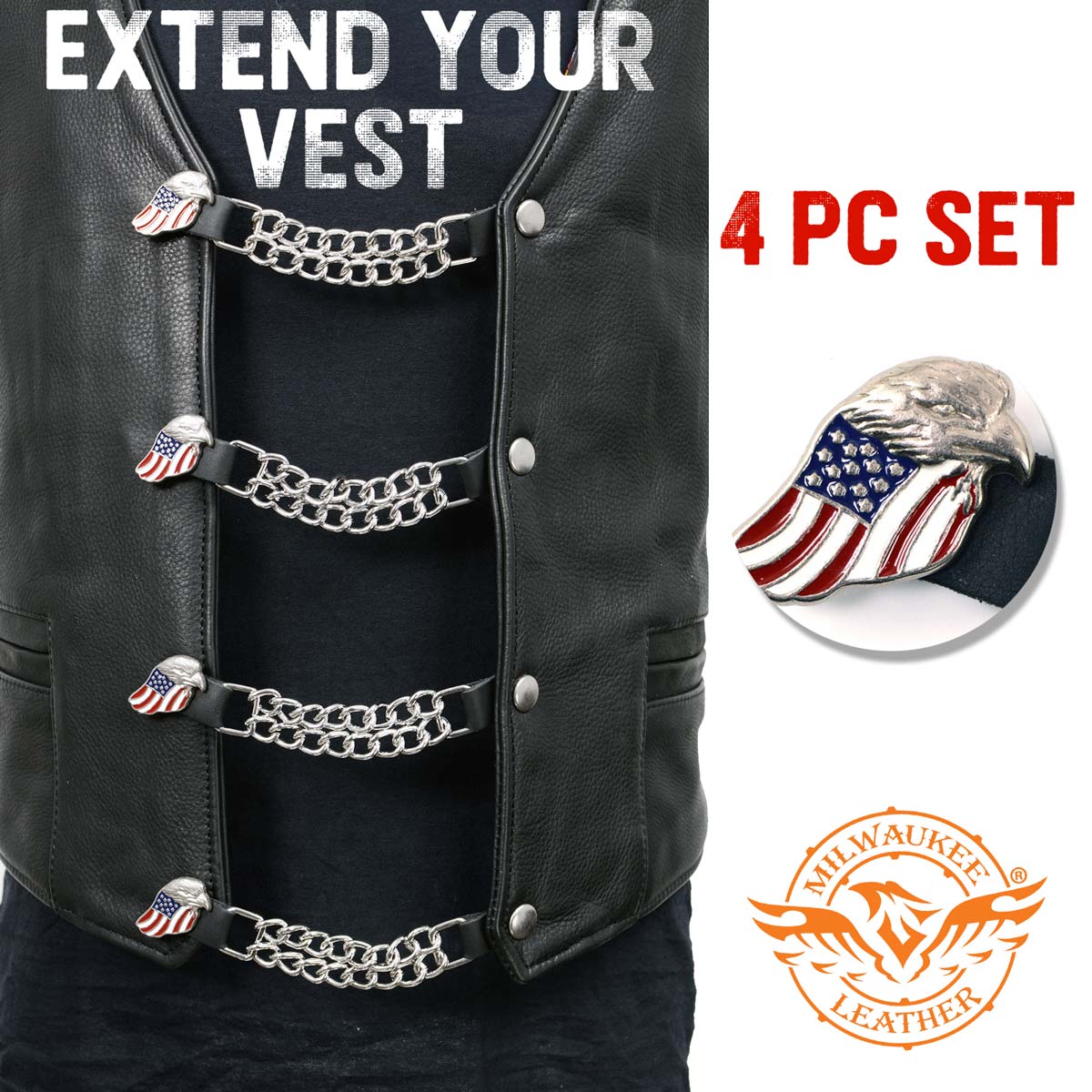 Milwaukee Leather Eagle Flag Medallion Vest Extender Double Chrome Chains Genuine Leather 6.5" Long 4-PC MLA6005SET - Image 3
