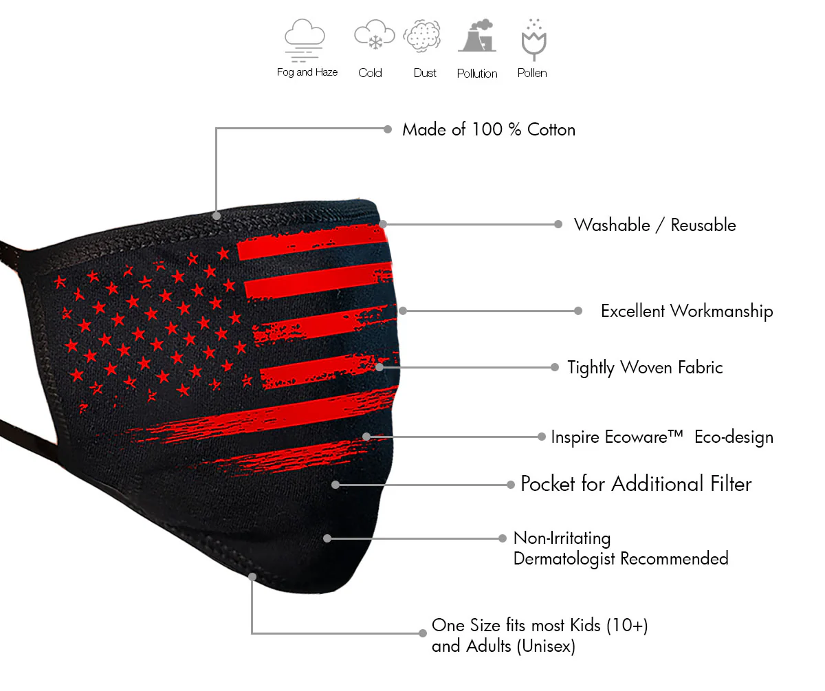 Milwaukee Leather FMD1017 'Black and Red US Flag' 100 % Cotton Protective Face Mask with Optional Filter Pocket - Image 2