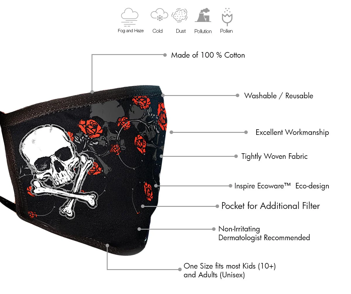 Milwaukee Leather FMD1020 Ladies 'Rose and Skull' 100 % Cotton Protective Face Mask with Optional Filter Pocket - Image 2