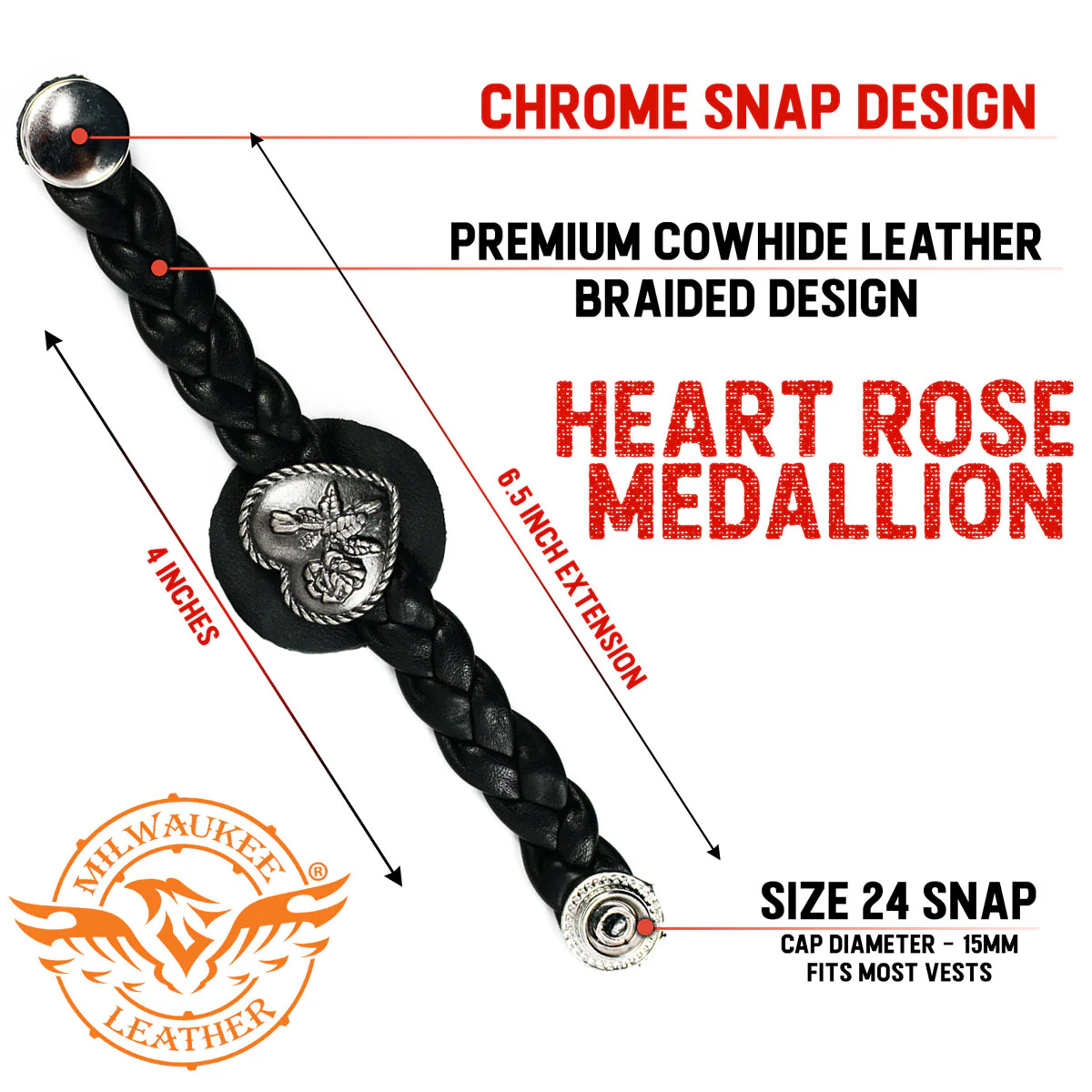 Milwaukee Leather Heart Medallion Vest Extender Genuine Leather Braided Strap 6.5" Extension 4-PCS MLA6067SET - Image 2
