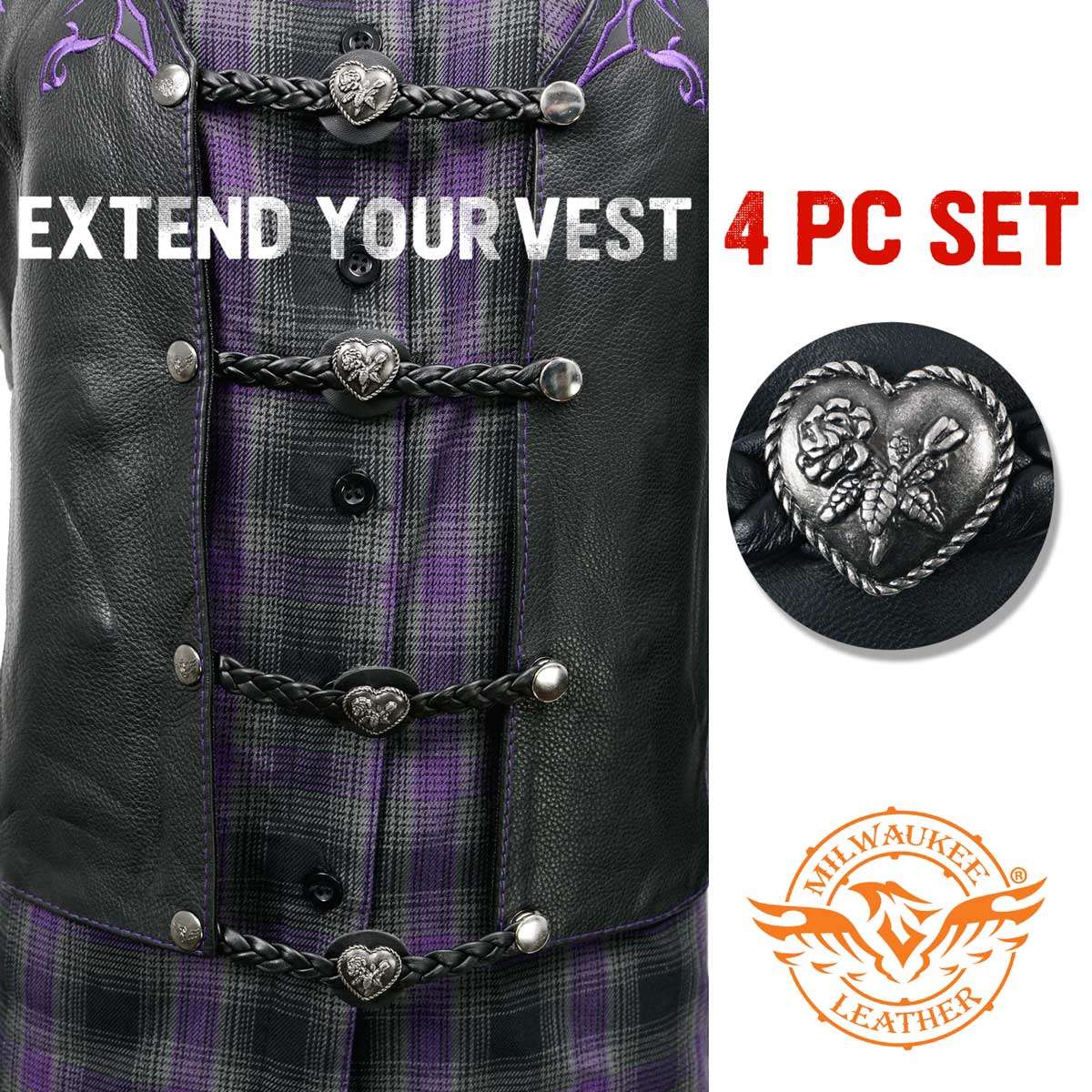 Milwaukee Leather Heart Medallion Vest Extender Genuine Leather Braided Strap 6.5" Extension 4-PCS MLA6067SET - Image 3
