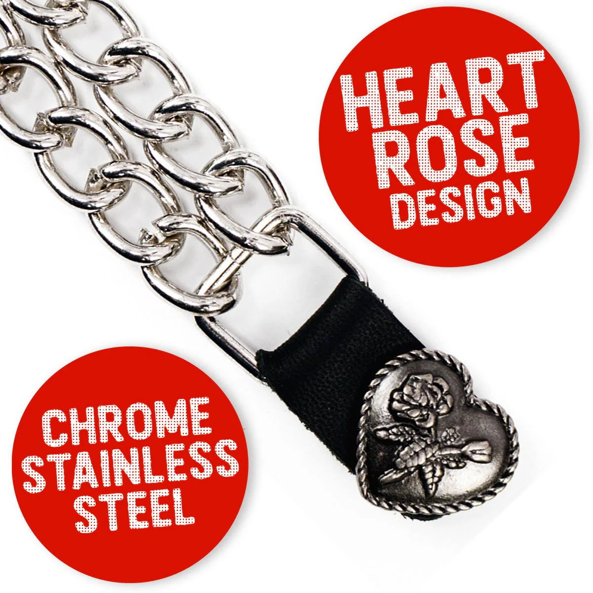 Milwaukee Leather Heart Rose Medallion Vest Extender - Double Chrome Chains Genuine Leather 6.5" Extension 4-PCS MLA6013SET - Image 4