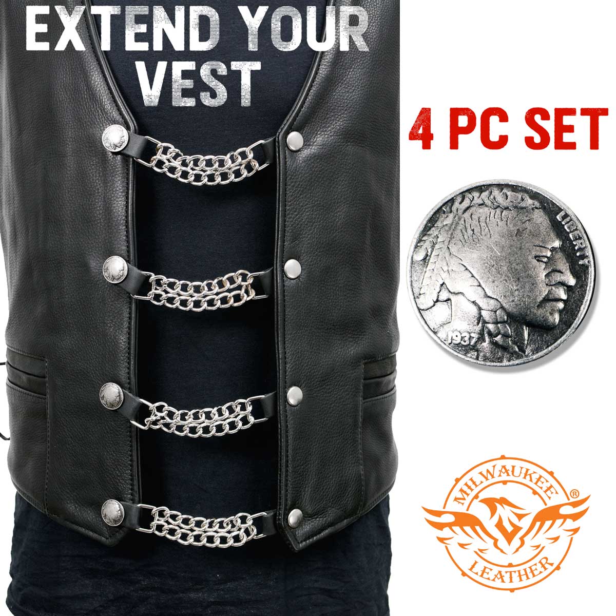 Milwaukee Leather Indian Head Medallion Vest Extender - Double Chrome Chains Genuine Leather 6.5" Extension 4-PCS MLA6014SET - Image 3