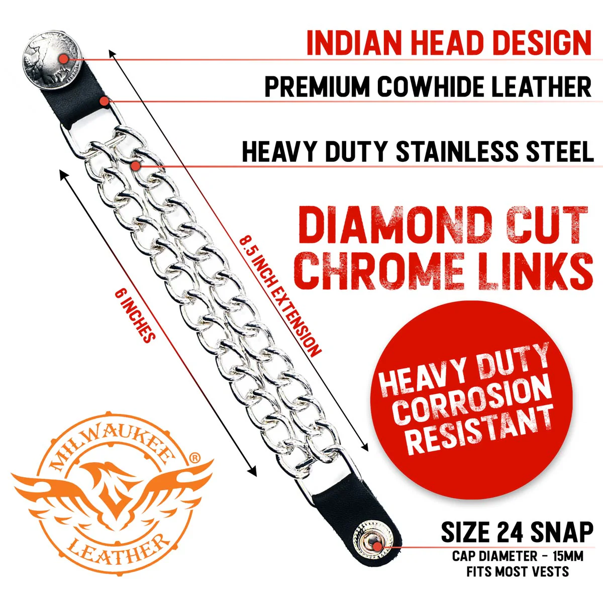 Milwaukee Leather Indian Head Medallion Vest Extender - Double Chrome Chains Genuine Leather 8.5" Extension 4-PCS MLA6044SET - Image 2
