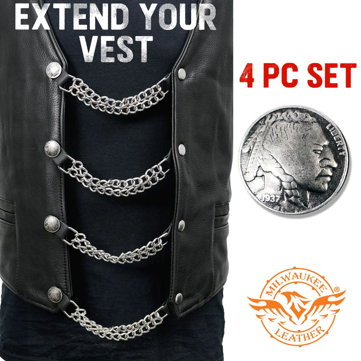 Milwaukee Leather Indian Head Medallion Vest Extender - Double Chrome Chains Genuine Leather 8.5" Extension 4-PCS MLA6044SET - Image 3