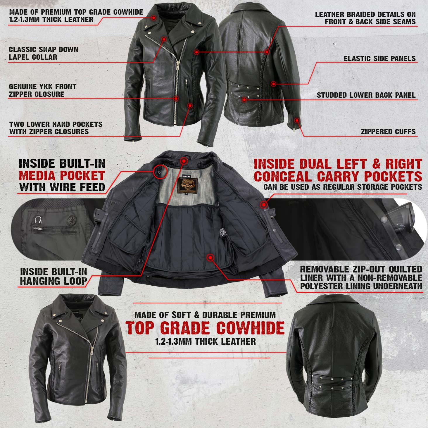 Milwaukee Leather LKL27001 Women's Classic Braided Premium Black Leather Fitted Motorycle Riders Biker Jacket - Image 2