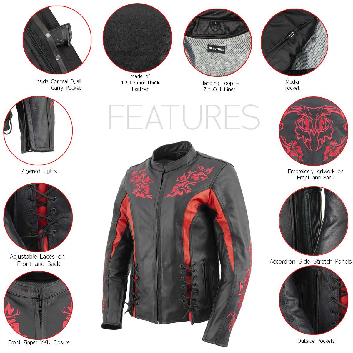 Milwaukee Leather LKL27003 Women's Premium Black and Red Leather Embroidered Jacket with CE Armor Protection - Image 9