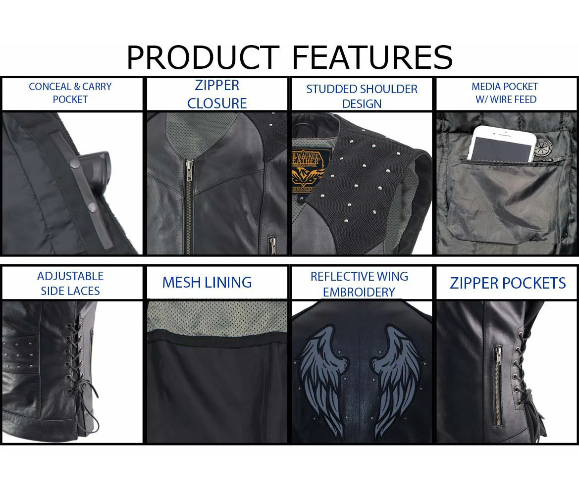 Milwaukee Leather LKL27005 Women's Scuba Style Black Leather Motorcycle Biker Jacket w/ Reflective Wings and Studs - Image 11