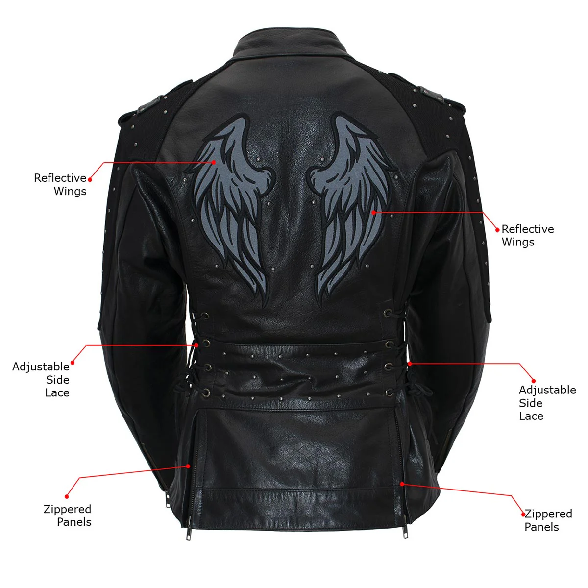 Milwaukee Leather LKL27005 Women's Scuba Style Black Leather Motorcycle Biker Jacket w/ Reflective Wings and Studs - Image 2
