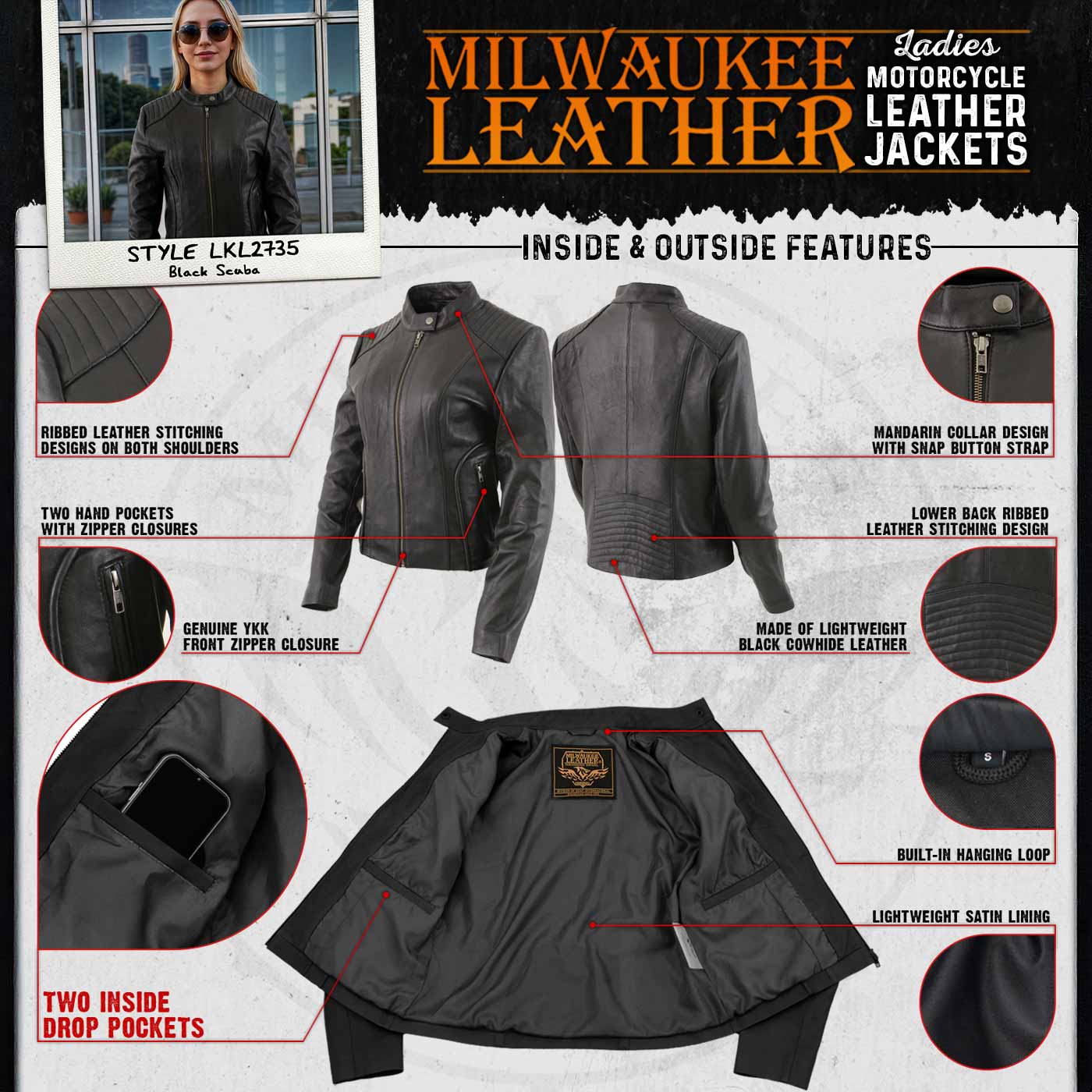 Milwaukee Leather LKL2735 Women's Black Premium Leather Scuba Style Biker Jacket w/ Mandarin Collar - Image 2
