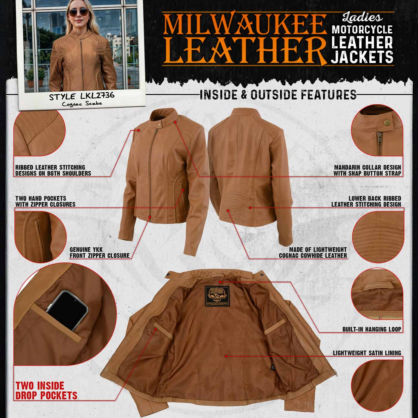 Milwaukee Leather LKL2736 Women's Cognac Premium Leather Scuba Style Biker Jacket w/ Mandarin Collar - Image 2